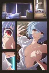 Rule 34 | 2girls, ayanami rei, bare shoulders, bed, blue hair, grabbing another&#039;s breast, breasts, close-up, collarbone, comic, commentary request, curtains, door, eyes visible through hair, female pov, fujitaka nasu, grabbing, hair between eyes, highres, indoors, light rays, looking at viewer, lying, medium breasts, multiple girls, neon genesis evangelion, on back, open clothes, open shirt, out of frame, pov, red eyes, red hair, shirt, unworn shirt, shoes, short hair, sign, souryuu asuka langley, stuffed animal, stuffed cat, stuffed shark, stuffed toy, sunbeam, sunlight, sweat, translation request, white shirt, yuri