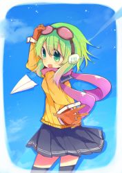 Rule 34 | 1girl, :d, bad id, bad pixiv id, brown gloves, fang, gloves, goggles, goggles on head, green eyes, green hair, gumi, hand on own head, headphones, highres, looking at viewer, matching hair/eyes, open mouth, paper airplane, pleated skirt, red-tinted eyewear, scarf, school uniform, serafuku, short hair, short hair with long locks, skirt, smile, solo, tinted eyewear, vocaloid, yatani row