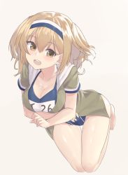 Rule 34 | 1girl, all fours, bad id, bad pixiv id, brown eyes, clothes writing, full body, hairband, i-26 (kancolle), kantai collection, light brown hair, looking at viewer, name tag, new school swimsuit, one-piece swimsuit, sailor collar, sailor shirt, school swimsuit, shirt, short sleeves, simple background, solo, swimsuit, swimsuit under clothes, tiasis, two-tone hairband, two side up, white background, white sailor collar
