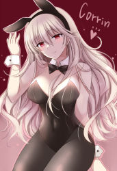 Rule 34 | 1girl, alternate costume, animal ears, bare shoulders, black bow, black leotard, black pantyhose, blush, bow, bowtie, breasts, character name, closed mouth, corrin (female) (fire emblem), corrin (fire emblem), covered navel, detached collar, fake animal ears, fire emblem, fire emblem fates, grey hair, hair between eyes, heart, kirishima riona, leotard, long hair, looking at viewer, medium breasts, mixed-language commentary, nintendo, pantyhose, playboy bunny, rabbit ears, red background, red eyes, smile, solo, strapless, strapless leotard, thighs, wavy hair, wrist cuffs