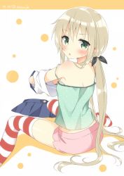 Rule 34 | 10s, 1girl, alternate costume, alternate hairstyle, blonde hair, blue eyes, camisole, dated, kantai collection, long hair, masuishi kinoto, ponytail, shima (shima je), shimakaze (kancolle), skirt, solo, strap slip, striped clothes, striped thighhighs, tank top, thighhighs, twitter username, undressing