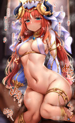 Rule 34 | 1boy, 1girl, absurdres, blue eyes, blush, breasts, brooch, crop top, dark-skinned male, dark skin, detached sleeves, forehead jewel, genshin impact, girl on top, harem outfit, heart, heart-shaped pupils, highres, horns, jewelry, long hair, long sleeves, looking at viewer, medium breasts, navel, nilou (genshin impact), parted lips, red hair, sex, solo focus, steam, stomach, sunhyun, sweat, symbol-shaped pupils, thighlet, translation request, veil