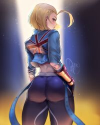 Rule 34 | 1girl, absurdres, antenna hair, ass, asymmetrical gloves, blonde hair, blue eyes, blue jacket, blue pants, cammy white, closed mouth, cowboy shot, crop top, cropped jacket, dukkoart, fingerless gloves, from behind, gloves, hair behind ear, hair slicked back, highres, jacket, light blush, looking at viewer, looking back, official alternate costume, official alternate hair length, official alternate hairstyle, pants, print jacket, profile, short hair, signature, solo, spandex, standing, street fighter, street fighter 6, thick thighs, thighs, tight clothes, tight pants