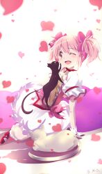 Rule 34 | 1girl, absurdres, cat, gloves, highres, kaname madoka, looking at viewer, mahou shoujo madoka magica, open mouth, pink eyes, pink hair, sengoku chidori, short twintails, smile, solo, twintails, white gloves