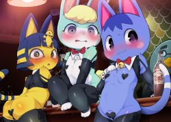 Rule 34 | 1boy, 2girls, @ @, animal crossing, animal ears, ankha (animal crossing), ass, bar (place), bell, blush, bow, bowtie, breasts, cameltoe, cat ears, cat girl, cat tail, crossdressing, dagashi (daga2626), fangs, furry, furry female, furry male, heart pasties, highres, looking at viewer, maebari, meme attire, multiple boys, multiple girls, neck bell, nintendo, pasties, rabbit ears, rabbit tail, reverse bunnysuit, reverse outfit, rosie (animal crossing), sasha (animal crossing), shrug (clothing), sitting, small breasts, sweat, tail, tearing up, trap, triangle mouth, wavy mouth