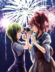 Rule 34 | 2girls, aerial fireworks, candy apple, closed eyes, fireworks, food, glowing, green hair, hair bobbles, hair ornament, kiss, kitsune maru, mask, multiple girls, no headwear, no headwear, onozuka komachi, open mouth, profile, red eyes, red hair, shiki eiki, short sleeves, short twintails, smile, touhou, twintails, two side up, wide sleeves