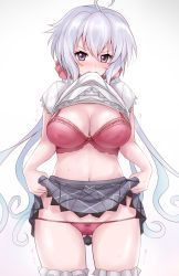 Rule 34 | 1girl, ahoge, blush, bra, breasts, cleavage, clothes lift, cowboy shot, floating hair, gluteal fold, grey skirt, groin, hair between eyes, large breasts, lifted by self, long hair, looking at viewer, lowleg, lowleg panties, midriff, miniskirt, mouth hold, navel, panties, pink bra, pink eyes, pink panties, plaid, plaid skirt, pleated skirt, r-binon, senki zesshou symphogear, shirt, shirt lift, simple background, skirt, skirt lift, solo, standing, stomach, sweatdrop, thigh gap, trembling, twintails, underwear, very long hair, white background, white hair, white shirt, yukine chris