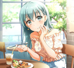Rule 34 | 10s, 1girl, alternate costume, bad id, bad pixiv id, blurry, blurry background, cup, drink, drinking glass, drinking straw, food, food on face, green eyes, green hair, hair between eyes, highres, holding, kantai collection, long hair, off-shoulder shirt, off shoulder, puffy short sleeves, puffy sleeves, shirt, short sleeves, sitting, solo, suzuya (kancolle), zattape