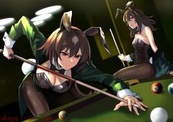 Rule 34 | 2girls, akaya shiki, animal ears, ball, billiard ball, billiards, black bow, black bowtie, black coat, black leotard, bow, bowtie, breasts, brown hair, cigarette, coat, coattails, commentary request, cowboy shot, cue stick, detached collar, dutch angle, green coat, highres, holding cue stick, horse girl, large breasts, leotard, long hair, mouth hold, multicolored hair, multiple girls, nakayama festa (umamusume), pantyhose, playboy bunny, playing games, pool table, purple eyes, rabbit ears, rabbit tail, red eyes, sirius symboli (umamusume), sitting, strapless, strapless leotard, table, tail, tailcoat, umamusume, wrist cuffs