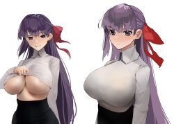 Rule 34 | 1girl, bb (fate), bb (fate/extra), black skirt, blush, breasts, closed mouth, clothes lift, collared shirt, fate/extra, fate/extra ccc, fate (series), grin, hair ribbon, high-waist skirt, highres, large breasts, long hair, long sleeves, looking at viewer, multiple views, obazzotto, purple eyes, purple hair, red ribbon, ribbon, shirt, skirt, smile, underboob, very long hair, white shirt