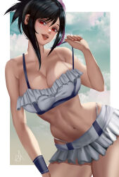 Rule 34 | 1girl, abs, absurdres, adjusting clothes, adjusting swimsuit, arialla draws, bikini, bikini skirt, black hair, breasts, cleavage, cloud, final fantasy, final fantasy vii, final fantasy vii rebirth, final fantasy vii remake, flower, frilled bikini, frills, hair flower, hair ornament, head tilt, highres, large breasts, leaning forward, looking at viewer, microskirt, navel, official alternate costume, official alternate hairstyle, open mouth, patreon username, red eyes, signature, skirt, smile, solo, stomach, swimsuit, thong, thong bikini, tifa lockhart, wristband