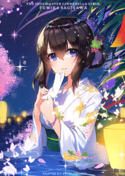 Rule 34 | 1girl, apple caramel, black hair, bridge, character name, cherry blossoms, commentary request, copyright name, flower, green flower, hair between eyes, hair flower, hair ornament, hands up, head tilt, holding, horizon, idolmaster, idolmaster cinderella girls, idolmaster cinderella girls starlight stage, japanese clothes, kimono, long sleeves, looking at viewer, night, night sky, obi, ocean, parted lips, partially submerged, petals, pink flower, red flower, sagisawa fumika, sash, sidelocks, sky, smile, solo, star (sky), starry sky, water, white kimono, wide sleeves