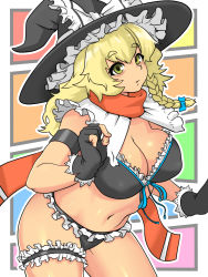Rule 34 | 1girl, :o, absurdres, asha, bags under eyes, bikini, blonde hair, blush, braid, breasts, cookie (touhou), curvy, fingerless gloves, gloves, hat, highres, hip focus, kirisame marisa, large breasts, long hair, looking at viewer, mars (cookie), messy hair, navel, scarf, side braid, single braid, solo, swimsuit, tan, thick eyebrows, thick thighs, thighs, toned, touhou, wavy hair, witch hat, yellow eyes