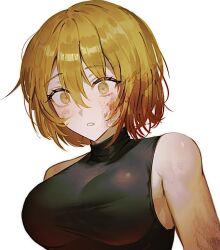 Rule 34 | 1girl, bare shoulders, blonde hair, blood, blood in hair, blood on face, bonno sasu, breasts, don quixote (project moon), large breasts, limbus company, parted lips, project moon, shirt, simple background, sleeveless, sleeveless shirt, solo, white background, yellow eyes