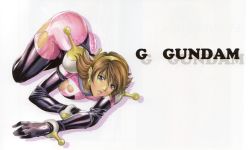Rule 34 | 1990s (style), 1girl, ass, blue eyes, bodysuit, breasts, brown hair, earrings, g gundam, gloves, gundam, hairband, homare (fool&#039;s art), jewelry, large breasts, legs, lying, mobile trace suit, rain mikamura, short hair, skin tight, solo, thighhighs, thighs, torn clothes