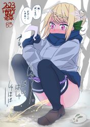 Rule 34 | 1girl, 2023, 20s, @ @, black thighhighs, blonde hair, blue gloves, blue jacket, blue scarf, blue skirt, blush, braid, brown footwear, forest, gloves, hair bun, hair ribbon, happy new year, highres, holding, jacket, japanese text, kantai collection, long sleeves, mittens, musou bw, nature, new year, omikuji, panties, panty pull, peeing, perth (kancolle), pink eyes, puddle, purple panties, ribbon, scarf, shoes, skirt, snow, snow rabbit, squatting, steam, sweat, tears, thighhighs, thought bubble, tree, underwear