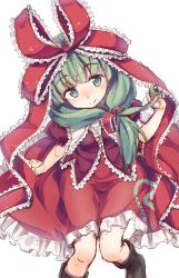 Rule 34 | 1girl, black footwear, blunt bangs, boots, closed mouth, frills, green eyes, green hair, hair over shoulder, twirling hair, highres, kagiyama hina, looking at viewer, oborofu, puffy short sleeves, puffy sleeves, red skirt, short sleeves, simple background, skirt, solo, touhou, white background