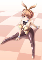 Rule 34 | 1girl, animal ears, bow, bowtie, breasts, brown eyes, brown hair, brown pantyhose, checkered floor, detached collar, fake animal ears, full body, gold bowtie, gold footwear, gold leotard, large breasts, leotard, looking at viewer, original, pantyhose, playboy bunny, rabbit ears, rabbit girl, rabbit tail, sitting, solo, strapless, strapless leotard, tail, tonpuu, wrist cuffs