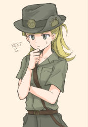 Rule 34 | 1girl, arm grab, beige background, belt, blonde hair, blunt bangs, brown belt, closed mouth, collared shirt, commentary request, cowboy shot, frown, girls und panzer, green eyes, green hat, green shorts, hair ribbon, hand on own chin, hard-translated, hat, koala forest military uniform, long hair, medium hair, military, military uniform, mutsu (layergreen), ponytail, ribbon, sam browne belt, shirt, short sleeves, shorts, simple background, solo, standing, sweatdrop, third-party edit, translated, uniform, upper body, wallaby (girls und panzer)