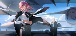 Rule 34 | 1boy, 1girl, aircraft, airplane, airport, belt, black necktie, black pants, blue sky, braid, braided ponytail, business suit, chainsaw man, cloud, day, facial scar, formal, hanakouji0704, hands in pockets, high-waist pants, highres, jacket, unworn jacket, kishibe (chainsaw man), light smile, long sleeves, looking at viewer, makima (chainsaw man), necktie, pants, purple hair, ringed eyes, scar, scar on cheek, scar on face, shirt, short hair, sky, smile, suit, white shirt, yellow eyes