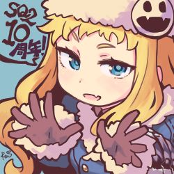 Rule 34 | 1girl, black gloves, blonde hair, blue coat, blue eyes, blue pupils, breasts, buttons, closed mouth, coat, etrian odyssey, eyebrows, facing away, fang, fur collar, fur trim, gloves, gunner (sekaiju), hands up, hat, hat ornament, highres, jack frost (megami tensei), long hair, long sleeves, looking at viewer, reiesu (reis), sekaiju no meikyuu, sekaiju no meikyuu 2, signature, simple background, small breasts, smile, solo, speech bubble, upper body