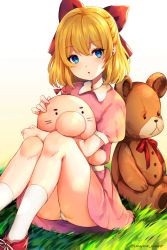 Rule 34 | 1girl, :o, artist name, ass, beige background, blonde hair, blue eyes, blush, bow, commentary request, doseisan, dress, feet out of frame, gradient background, grass, hair between eyes, hair bow, knees up, looking at viewer, marota, mother (game), mother 2, neck ribbon, nintendo, panties, pantyshot, parted lips, paula (mother 2), pink dress, puffy short sleeves, puffy sleeves, red bow, red footwear, red ribbon, ribbon, sash, shoes, short dress, short hair, short sleeves, sitting, socks, solo, stuffed animal, stuffed toy, teddy bear, thighs, twitter username, underwear, white background, white panties, white sash, white socks
