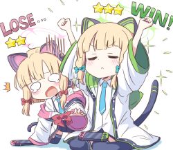 Rule 34 | 2girls, animal ear headphones, animal ears, arms up, blonde hair, blue archive, cat ear headphones, cat tail, closed eyes, commentary request, crying, crying with eyes open, fake animal ears, guriin, handheld game console, headphones, highres, jacket, midori (blue archive), momoi (blue archive), multiple girls, necktie, open mouth, playstation portable, school uniform, seiza, short hair, siblings, simple background, sisters, sitting, tail, tears, thighhighs, white background