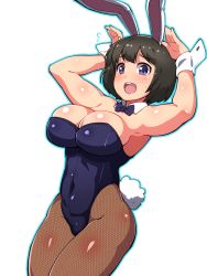 Rule 34 | 1girl, :d, animal ears, arms up, bare shoulders, blue bow, blue bowtie, blue leotard, blue outline, blush, body blush, bow, bowtie, breasts, brown hair, brown pantyhose, cleavage, commentary request, covered navel, cowboy shot, detached collar, fake animal ears, fishnet pantyhose, fishnets, flying sweatdrops, fukurou (owl222), hands up, highres, large breasts, legs together, leotard, looking at viewer, major, open mouth, outline, pantyhose, playboy bunny, rabbit ears, rabbit girl, rabbit pose, rabbit tail, shimizu kaoru, short hair, simple background, smile, solo, standing, sweatdrop, tail, teeth, upper teeth only, white background, wing collar, wrist cuffs