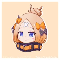 Rule 34 | 1girl, abigail williams (fate), abigail williams (festival outfit) (fate), belt, belt buckle, black bow, blue eyes, blush stickers, bow, brown background, buckle, character name, closed mouth, commentary request, copyright name, crossed bandaids, fate/grand order, fate (series), hair bow, hair bun, heroic spirit festival outfit, high collar, light brown hair, looking away, multiple hair bows, official alternate costume, orange belt, orange bow, panco neco, parted bangs, polka dot, polka dot bow, portrait, single hair bun, smile, solo