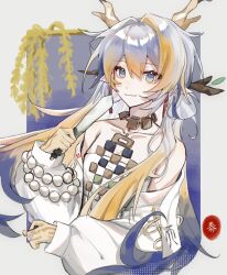 Rule 34 | 1girl, arknights, bare shoulders, blonde hair, blue eyes, blue hair, border, bracelet, branch, closed mouth, collarbone, dot nose, dragon girl, dragon horns, earrings, eyeliner, grey border, grey hair, hair between eyes, hair intakes, hair ornament, hair stick, hand up, highres, holding, holding sword, holding weapon, horns, jacket, jewelry, long hair, long sleeves, looking at viewer, makeup, multicolored hair, nan xi xi xi, necklace, off shoulder, open clothes, open jacket, outside border, plant, pointy ears, red eyeliner, shirt, shu (arknights), sidelocks, sleeves past wrists, smile, solo, strapless, strapless shirt, streaked hair, sword, tassel, tassel earrings, very long hair, weapon, white jacket, white shirt