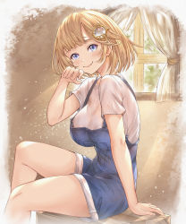 Rule 34 | 1girl, absurdres, blonde hair, blue eyes, breasts, closed mouth, curtains, feet out of frame, hair ornament, hand up, highres, hololive, hololive english, honkivampy, large breasts, looking at viewer, overall shorts, overalls, shirt, short hair, short sleeves, sitting, smile, solo, virtual youtuber, watson amelia, white shirt, window