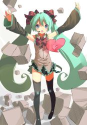 Rule 34 | 1girl, arms up, bad id, bad pixiv id, blue eyes, bow, bowtie, box, detached sleeves, fkey, green hair, hair bow, hair ribbon, hatsune miku, headset, heart, jewelry, long hair, open mouth, outstretched arms, ribbon, ring, skirt, solo, spread arms, thighhighs, twintails, very long hair, vocaloid, zettai ryouiki