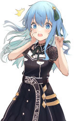Rule 34 | 1girl, ^^^, ahoge, amaton707, belt, black belt, black choker, black dress, blue eyes, blue hair, blush, breasts, choker, clothes writing, cowboy shot, dress, floating hair, green ribbon, hair between eyes, hair ribbon, hand on own cheek, hand on own face, highres, hololive, hoshimachi suisei, hoshimachi suisei (streetwear), light blue hair, long hair, looking at viewer, neck ribbon, open mouth, ribbon, see-through, see-through sleeves, short sleeves, simple background, small breasts, solo, star (symbol), star choker, star in eye, surprised, symbol in eye, virtual youtuber, white background
