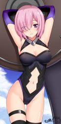 Rule 34 | 1girl, armpits, arms behind head, bare shoulders, black leotard, black thighhighs, blue sky, blush, breasts, cleavage, cleavage cutout, cleft of venus, clothing cutout, cloud, commentary request, contrapposto, cowboy shot, dated, day, elbow gloves, eyes visible through hair, fate/grand order, fate (series), gloves, groin, hair over one eye, highleg, highleg leotard, holding, holding shield, leotard, looking at viewer, mash kyrielight, medium breasts, navel, parted lips, pink hair, ppshex, purple eyes, purple gloves, seductive smile, shield, shiny skin, short hair, signature, sky, smile, solo, standing, stomach, thigh gap, thigh strap, thighhighs