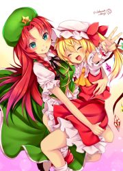 Rule 34 | &gt;:d, 2girls, :d, ^ ^, aqua eyes, ascot, beret, blush, bow, braid, carrying, chikuwa savy, china dress, chinese clothes, closed eyes, cowboy shot, dress, closed eyes, flandre scarlet, foreshortening, gradient hair, grin, hair between eyes, hair intakes, happy, hat, hat bow, hong meiling, looking at viewer, mob cap, multicolored hair, multiple girls, open mouth, outstretched arm, puffy short sleeves, puffy sleeves, red hair, shoes, short sleeves, side ponytail, simple background, skirt, skirt set, smile, star (symbol), touhou, twin braids, twitter username, v, v-shaped eyebrows, white background, wings, wrist cuffs