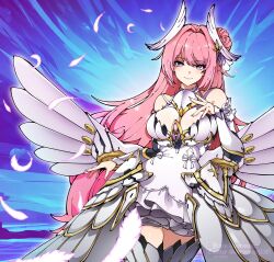 Rule 34 | 1girl, absurdres, armor, bare shoulders, blush, breasts, closed mouth, detached sleeves, dorothy (nikke), dress, frilled dress, frills, goddess of victory: nikke, gooroomee, hair bun, hand on own chest, highres, lace, large breasts, long hair, pink hair, pink theme, pixiv username, purple eyes, ribbon, single side bun, skirt, solo, thighhighs, twitter username, very long hair