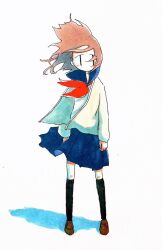 Rule 34 | 1girl, black socks, blue sailor collar, blue skirt, brown footwear, brown hair, floating hair, full body, hair over one eye, jacket, kneehighs, loafers, long hair, long sleeves, looking at viewer, neckerchief, no mouth, no nose, open clothes, open jacket, original, red neckerchief, sailor collar, sailor shirt, school uniform, serafuku, shadow, shirt, shoes, skirt, socks, solo, standing, tokunaga aoi, traditional media, white jacket, white shirt, wind, | |