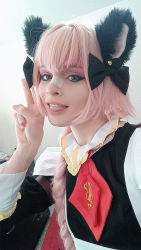 Rule 34 | 1boy, astolfo (fate), astolfo (fate) (cosplay), bandaid, bandaid on face, bandaid on nose, black eyes, black ribbon, braid, cosplay, crossdressing, fate/grand order, fate (series), hair ribbon, long hair, looking at viewer, male focus, open mouth, photo (medium), pink hair, ribbon, solo, tongue, tongue out, trap, trappychan, v