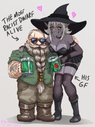 Rule 34 | 1boy, 1girl, absurdres, beard, beard over mouth, beer mug, belt, black footwear, black leotard, black skirt, blush, boots, braid, braided beard, breasts, brown footwear, brown pants, colored skin, commentary, cup, dark-skinned female, dark elf, dark skin, dated, deep rock galactic, dwarf, elbow gloves, elf, english commentary, english text, facial hair, fingerless gloves, full body, gloves, green shirt, grey background, grey hair, grey skin, hand on another&#039;s shoulder, hat, heart, height difference, highres, holding, holding microphone, interracial, interspecies, large breasts, leotard, long beard, long hair, microphone, mole, mole on breast, mug, mustache, original, pants, pleated skirt, pointy ears, razpaz, scar, scar across eye, shirt, simple background, skirt, standing, strapless, strapless leotard, sunglasses, thick arm hair, thigh strap, thighhighs, thighs, tied beard, white hair, witch hat