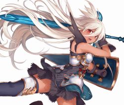 Rule 34 | 1girl, abusoru, bare arms, black dress, black gloves, dark skin, dark-skinned female, dress, floating hair, gloves, granblue fantasy, hair between eyes, holding, holding shield, holding sword, holding weapon, long hair, looking at viewer, open mouth, red eyes, shield, short dress, simple background, solo, sword, thighhighs, very long hair, weapon, white background, white hair, zooey (granblue fantasy)