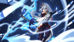 Rule 34 | 1girl, absurdres, arm behind back, black bodysuit, bodysuit, commentary request, detached sleeves, genshin impact, grey eyes, grey hair, hair ornament, hair over one eye, highres, holding, holding paper, long hair, looking away, nopparuj got, ofuda, paper, polearm, shenhe (genshin impact), sidelocks, solo, spear, stand (jojo), weapon, wind