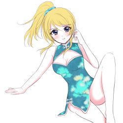 Rule 34 | aegis zan, ayase eli, barefoot, china dress, chinese clothes, dress, love live!, love live! school idol festival, love live! school idol project, simple background, solo, white background