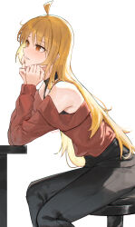 Rule 34 | 1girl, absurdres, ahoge, ai-bon, artist name, bar stool, bare shoulders, black choker, black pants, black tank top, blonde hair, blush, bocchi the rock!, choker, commentary, elbow rest, elbows on table, feet out of frame, from side, hands on own chin, head rest, highres, ijichi seika, leaning forward, leaning on object, light smile, long hair, long sleeves, looking ahead, off-shoulder sweater, off shoulder, on stool, orange eyes, pants, parted lips, red sweater, shirt tucked in, simple background, sitting, solo, stool, sweater, table, tank top, very long hair, white background