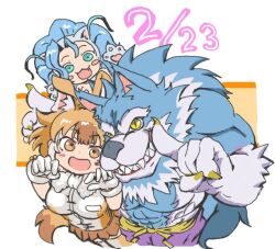 1boy 2girls ahoge animal_ears animal_hands bare_shoulders big_hair blue_eyes blue_hair blush body_fur bow breasts brown_hair cat_ears cat_girl cat_paws claws darkstalkers dhole_(kemono_friends) dog_ears dog_girl dog_tail extra_ears felicia_(darkstalkers) furry furry_male gloves huge_ahoge jon_talbain kemono_friends kemono_friends_3 large_breasts long_hair looking_at_viewer multicolored_hair multiple_girls nashi_umai open_mouth shirt short_hair skirt sleeveless smile tail two-tone_hair werewolf white_fur white_hair wolf_boy