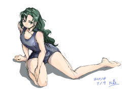 Rule 34 | 1girl, alternate hair length, alternate hairstyle, barefoot, black lagoon, breasts, casual, fabiola iglesias, green eyes, green hair, hair down, long hair, matching hair/eyes, n-mori, one-piece swimsuit, short shorts, shorts, sitting, small breasts, smile, solo, swimsuit, tank top, toes
