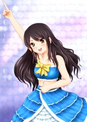 Rule 34 | 1girl, :d, black hair, blue dress, bow, brown eyes, diesel-turbo, dress, long hair, looking at viewer, midriff, mizuki nana, navel, open mouth, pointing, pointing up, real life, voice actor, smile, solo