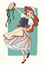 Rule 34 | 1girl, apron, ariel (disney), blue skirt, border, eyelashes, full body, head scarf, highres, holding, holding instrument, instrument, long hair, looking at viewer, open mouth, puffy short sleeves, puffy sleeves, red footwear, red hair, red ribbon, ribbon, short sleeves, skirt, solo, tambourine, the little mermaid, uochandayo, white apron, white border