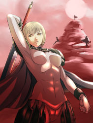 Rule 34 | 00s, abs, armor, blonde hair, cameltoe, clare (claymore), claymore (series), claymore (sword), mikel (4hands), pteruges, solo, sunset, sword, weapon, yellow eyes