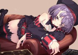 Rule 34 | 1girl, bare shoulders, belt, blush, book, boots, couch, fate/grand order, fate (series), feet up, furisuku, hat, helena blavatsky (fate), helena blavatsky (third ascension) (fate), high heel boots, high heels, knee boots, looking at viewer, purple eyes, purple hair, short hair, solo, thighhighs