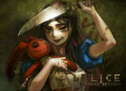 Rule 34 | 1girl, alice: madness returns, alice (alice in wonderland), alice liddell (american mcgee&#039;s alice), american mcgee&#039;s alice, black hair, blood, breasts, dress, green eyes, jupiter symbol, knife, long hair, looking at viewer, open mouth, smile, solo, stuffed animal, stuffed toy, weapon, yang niangniang